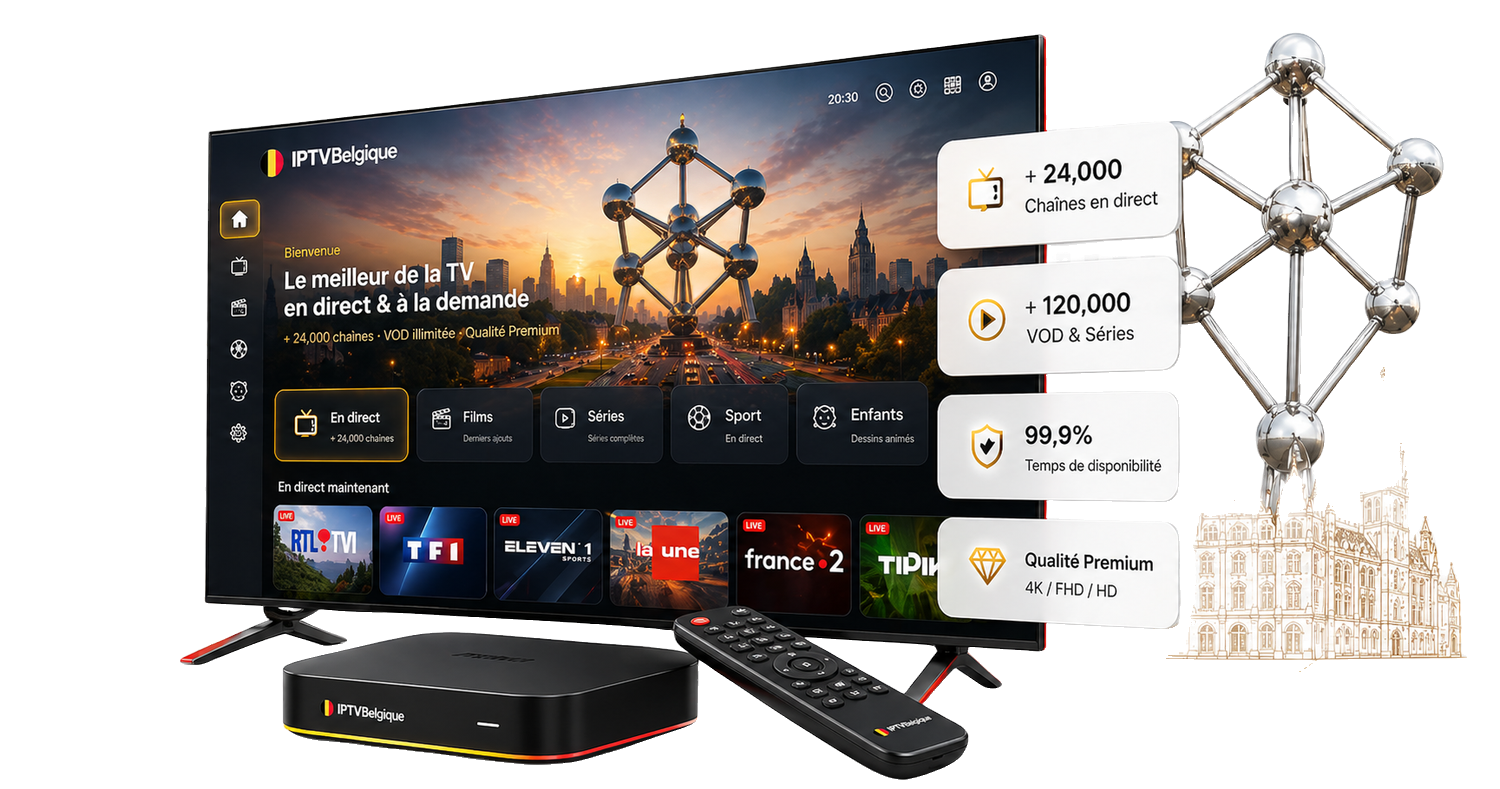 Téléviseur IPTV Belgique, boîtier, télécommande et repères visuels belges