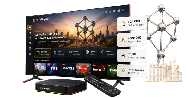 Téléviseur IPTV Belgique, boîtier, télécommande et repères visuels belges
